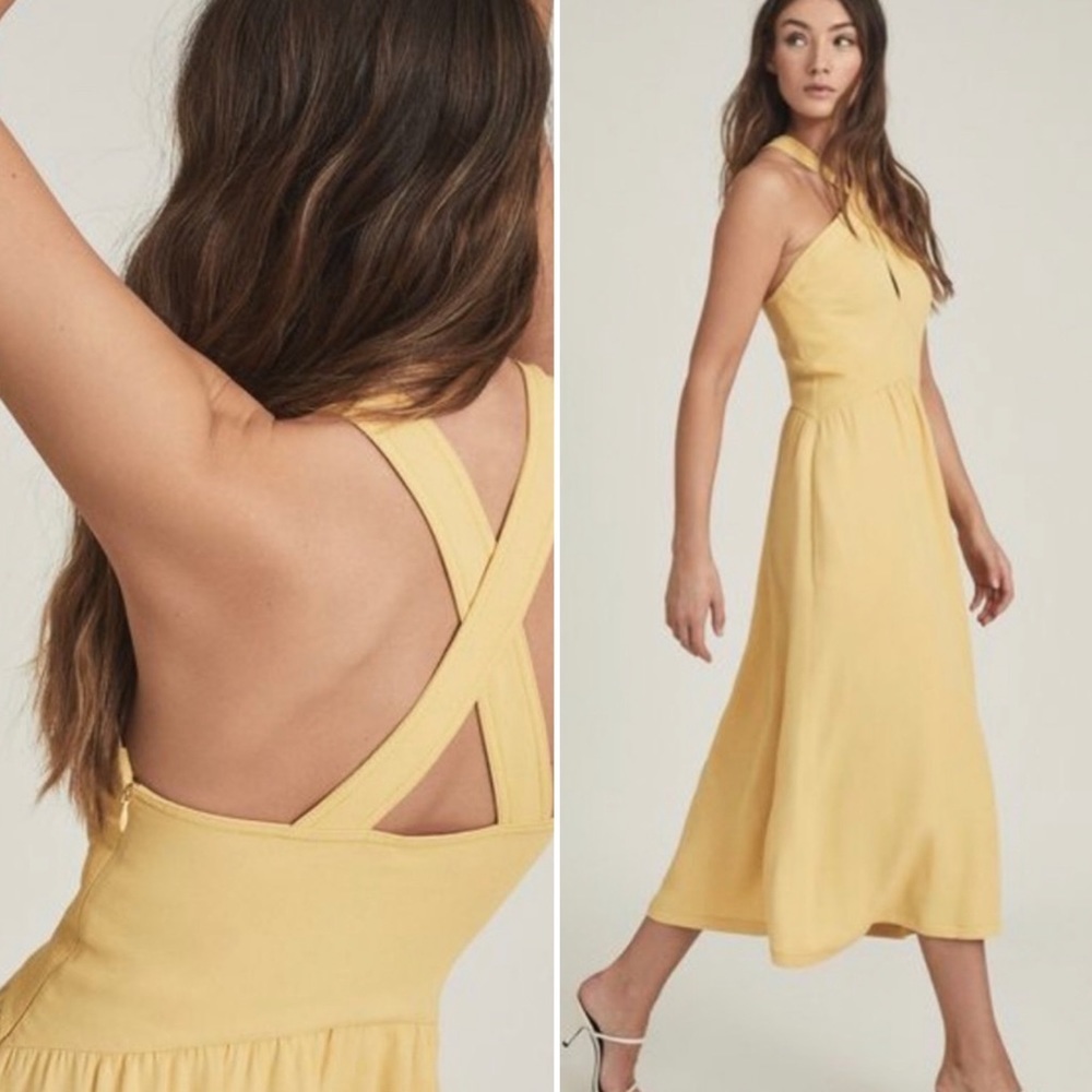 NWT REISS Orla Halter Midi Pastel Yellow Crossover Neck Keyhole Dress Size US 8
